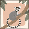 Whimsical illustration of a lemur perched on a tree branch with soft leaves and a blush backdrop, from the Little Tails Collection by Urban Road.