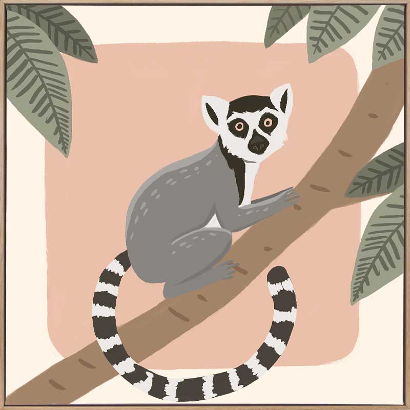 Whimsical illustration of a lemur perched on a tree branch with soft leaves and a blush backdrop, from the Little Tails Collection by Urban Road.
