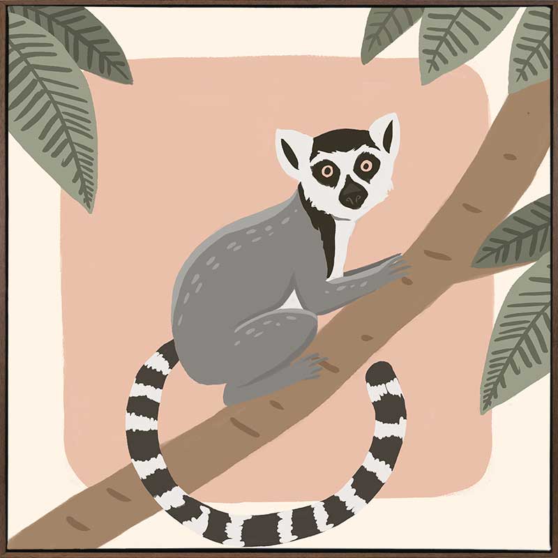 Whimsical illustration of a lemur perched on a tree branch with soft leaves and a blush backdrop, from the Little Tails Collection by Urban Road.