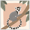 Whimsical illustration of a lemur perched on a tree branch with soft leaves and a blush backdrop, from the Little Tails Collection by Urban Road.