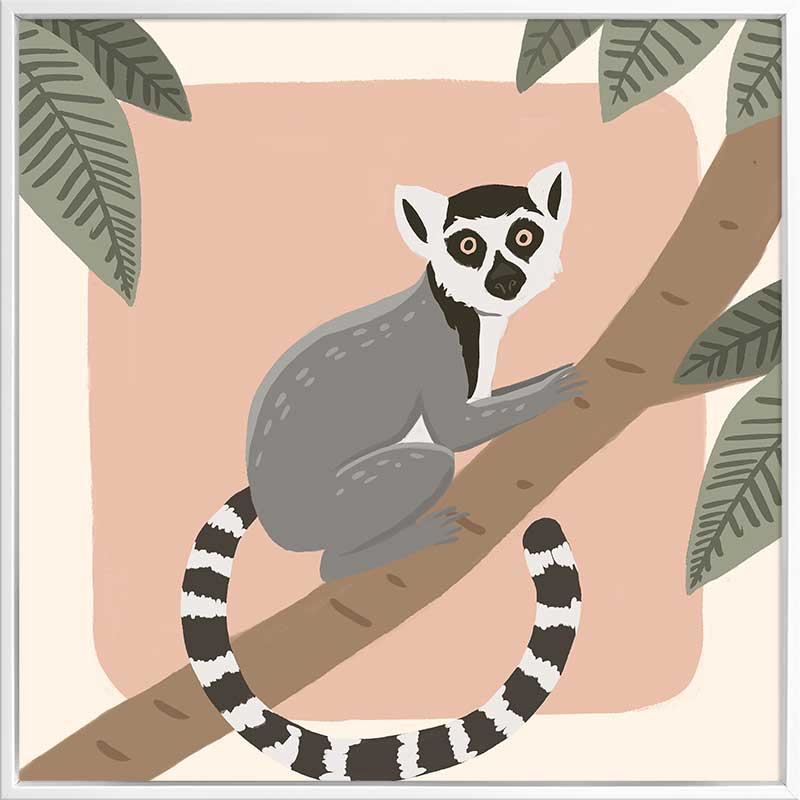 Whimsical illustration of a lemur perched on a tree branch with soft leaves and a blush backdrop, from the Little Tails Collection by Urban Road.