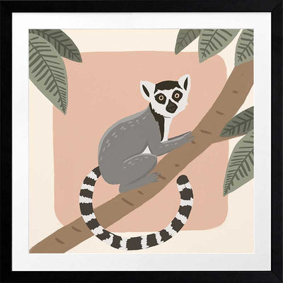 Whimsical illustration of a lemur perched on a tree branch with soft leaves and a blush backdrop, from the Little Tails Collection by Urban Road.