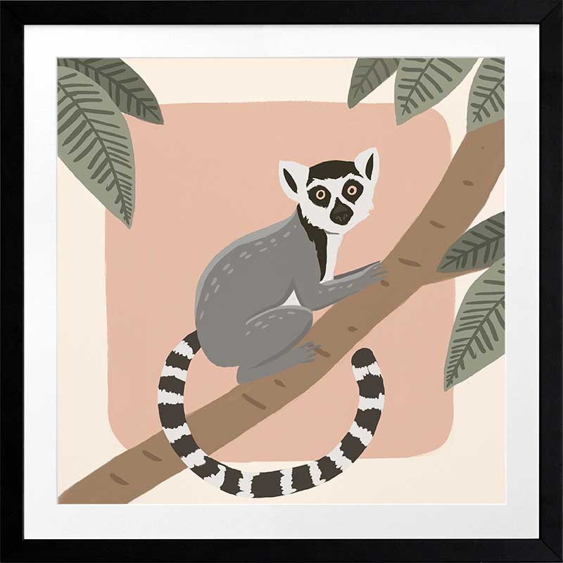 Whimsical illustration of a lemur perched on a tree branch with soft leaves and a blush backdrop, from the Little Tails Collection by Urban Road.