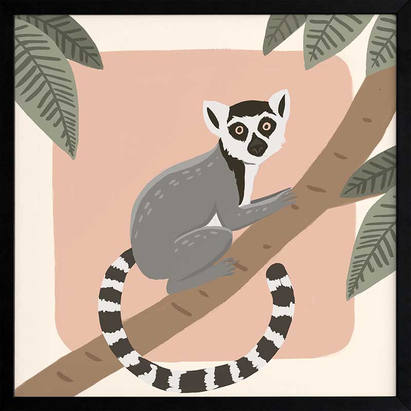 Whimsical illustration of a lemur perched on a tree branch with soft leaves and a blush backdrop, from the Little Tails Collection by Urban Road.
