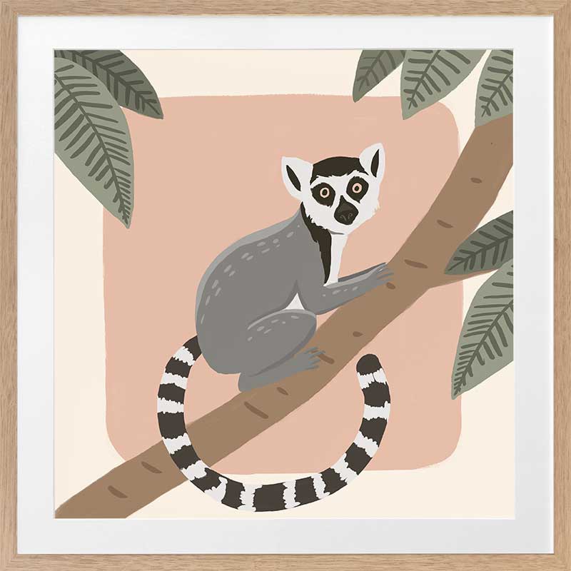 Whimsical illustration of a lemur perched on a tree branch with soft leaves and a blush backdrop, from the Little Tails Collection by Urban Road.