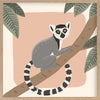 Whimsical illustration of a lemur perched on a tree branch with soft leaves and a blush backdrop, from the Little Tails Collection by Urban Road.