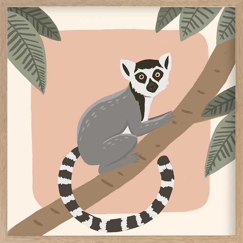 Whimsical illustration of a lemur perched on a tree branch with soft leaves and a blush backdrop, from the Little Tails Collection by Urban Road.