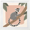 Whimsical illustration of a lemur perched on a tree branch with soft leaves and a blush backdrop, from the Little Tails Collection by Urban Road.
