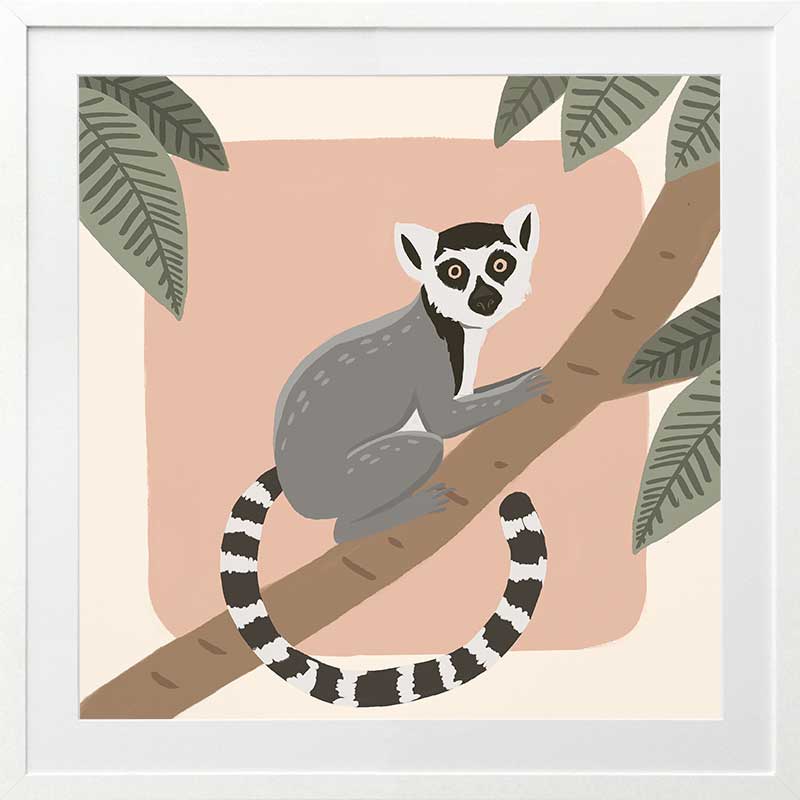 Whimsical illustration of a lemur perched on a tree branch with soft leaves and a blush backdrop, from the Little Tails Collection by Urban Road.