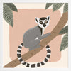 Whimsical illustration of a lemur perched on a tree branch with soft leaves and a blush backdrop, from the Little Tails Collection by Urban Road.