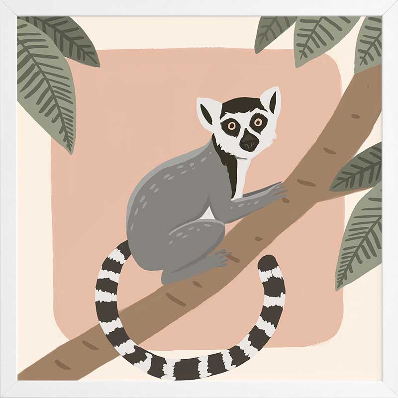 Whimsical illustration of a lemur perched on a tree branch with soft leaves and a blush backdrop, from the Little Tails Collection by Urban Road.