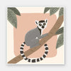 Whimsical illustration of a lemur perched on a tree branch with soft leaves and a blush backdrop, from the Little Tails Collection by Urban Road.
