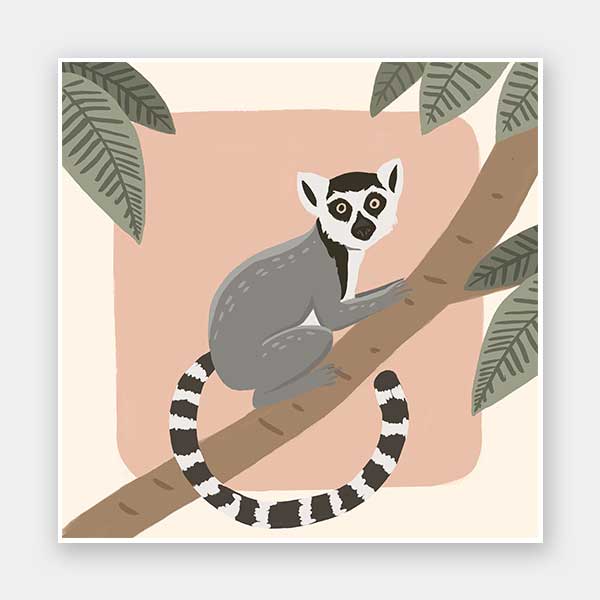 Whimsical illustration of a lemur perched on a tree branch with soft leaves and a blush backdrop, from the Little Tails Collection by Urban Road.