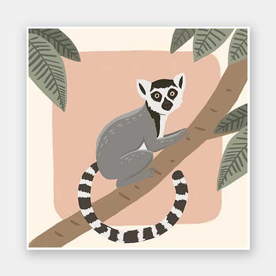Whimsical illustration of a lemur perched on a tree branch with soft leaves and a blush backdrop, from the Little Tails Collection by Urban Road.
