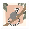 Whimsical illustration of a lemur perched on a tree branch with soft leaves and a blush backdrop, from the Little Tails Collection by Urban Road.