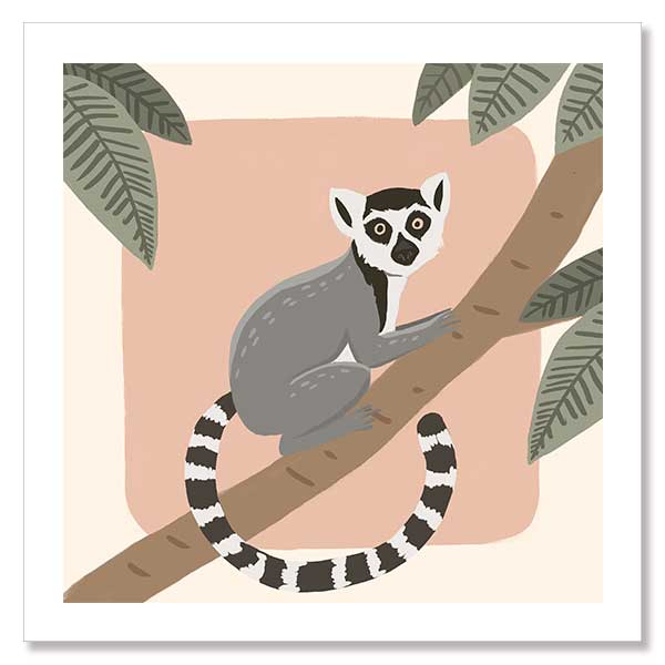 Whimsical illustration of a lemur perched on a tree branch with soft leaves and a blush backdrop, from the Little Tails Collection by Urban Road.
