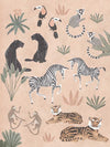 Playful jungle montage featuring friendly animals and foliage in soft peachy pastels, from the Little Tails Collection by Urban Road.