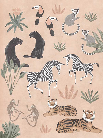 Playful jungle montage featuring friendly animals and foliage in soft peachy pastels, from the Little Tails Collection by Urban Road.