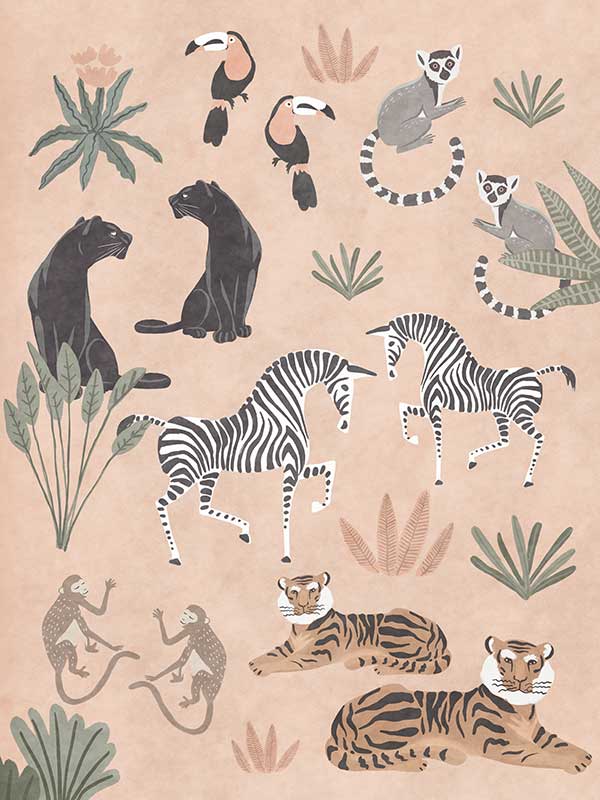Playful jungle montage featuring friendly animals and foliage in soft peachy pastels, from the Little Tails Collection by Urban Road.
