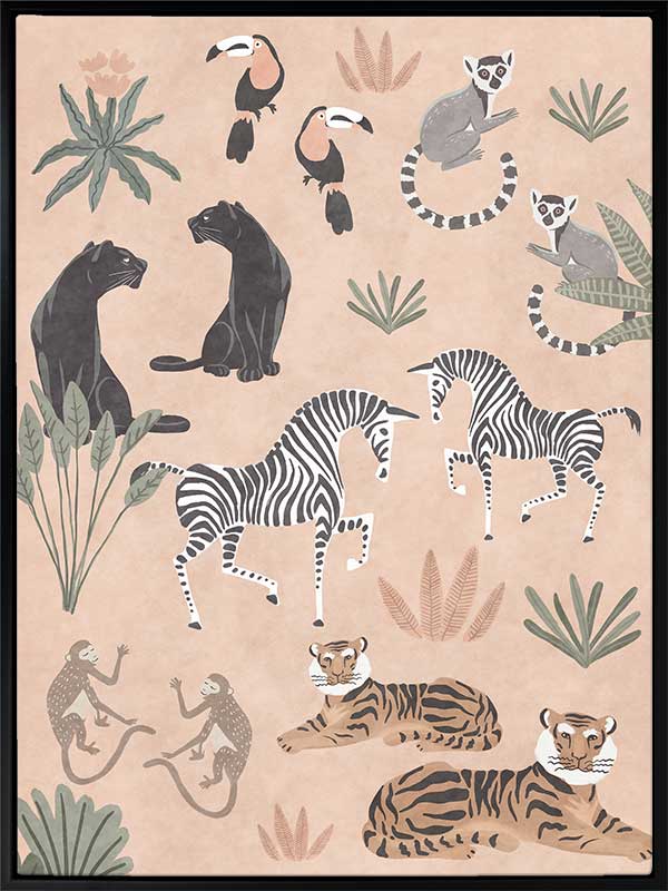Playful jungle montage featuring friendly animals and foliage in soft peachy pastels, from the Little Tails Collection by Urban Road.