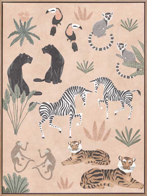 Playful jungle montage featuring friendly animals and foliage in soft peachy pastels, from the Little Tails Collection by Urban Road.