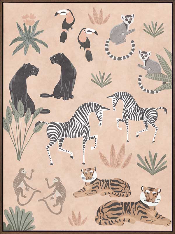 Playful jungle montage featuring friendly animals and foliage in soft peachy pastels, from the Little Tails Collection by Urban Road.