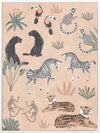 Playful jungle montage featuring friendly animals and foliage in soft peachy pastels, from the Little Tails Collection by Urban Road.