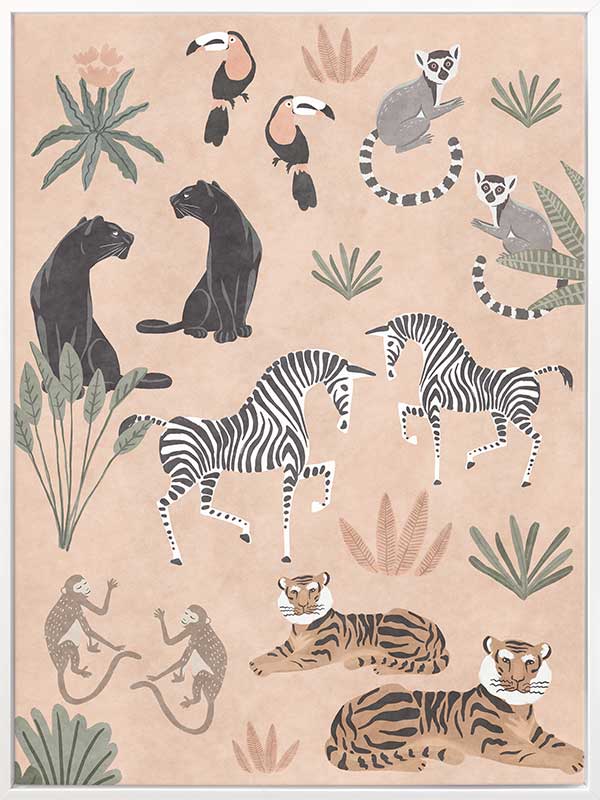 Playful jungle montage featuring friendly animals and foliage in soft peachy pastels, from the Little Tails Collection by Urban Road.