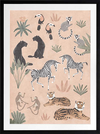 Playful jungle montage featuring friendly animals and foliage in soft peachy pastels, from the Little Tails Collection by Urban Road.