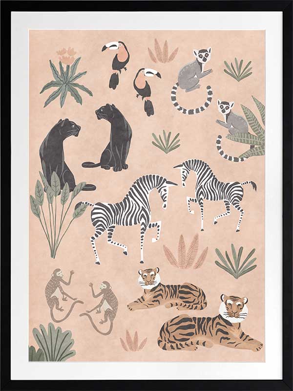 Playful jungle montage featuring friendly animals and foliage in soft peachy pastels, from the Little Tails Collection by Urban Road.