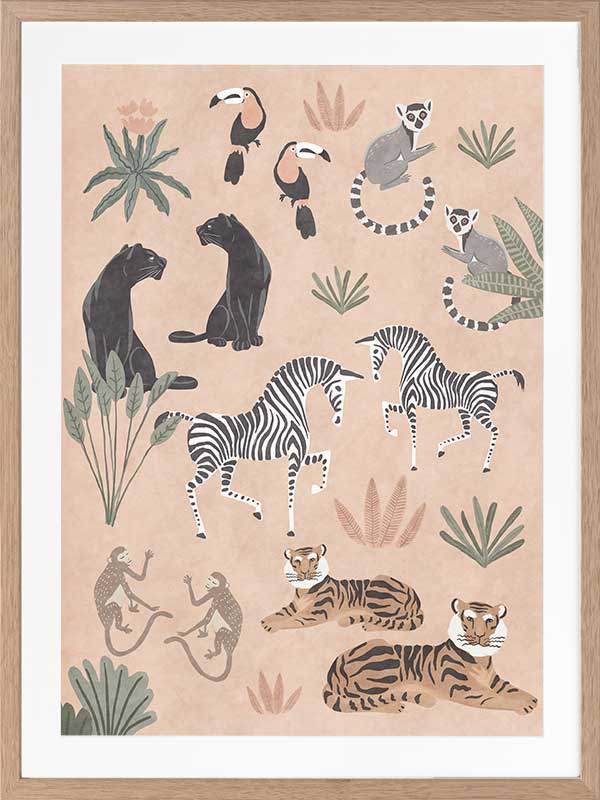 Playful jungle montage featuring friendly animals and foliage in soft peachy pastels, from the Little Tails Collection by Urban Road.