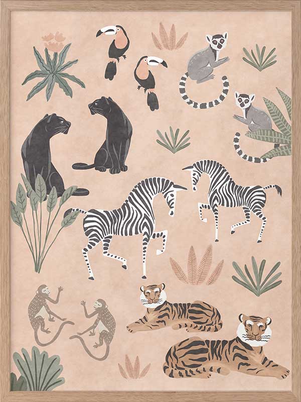 Playful jungle montage featuring friendly animals and foliage in soft peachy pastels, from the Little Tails Collection by Urban Road.