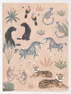 Playful jungle montage featuring friendly animals and foliage in soft peachy pastels, from the Little Tails Collection by Urban Road.