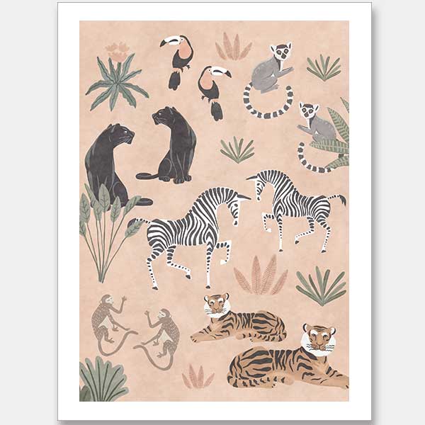 Playful jungle montage featuring friendly animals and foliage in soft peachy pastels, from the Little Tails Collection by Urban Road.