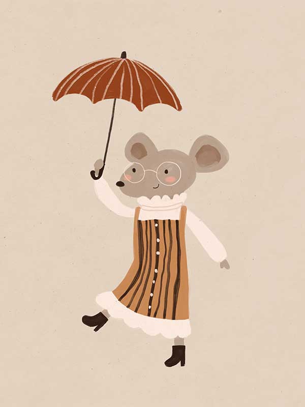 Cute mouse in an orange striped dress tiptoeing while holding an umbrella in warm neutrals, from the Little Tails Collection by Urban Road.