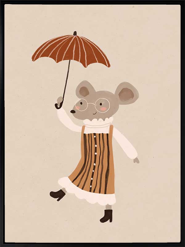 Cute mouse in an orange striped dress tiptoeing while holding an umbrella in warm neutrals, from the Little Tails Collection by Urban Road.