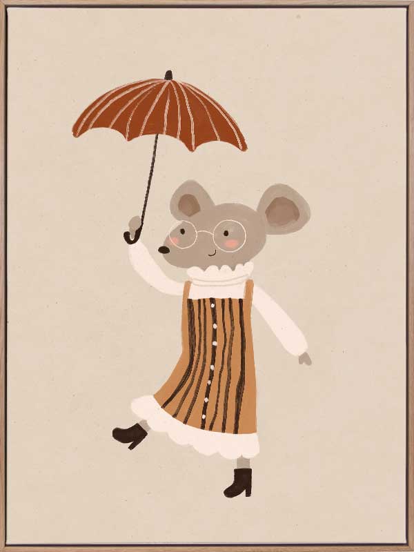 Cute mouse in an orange striped dress tiptoeing while holding an umbrella in warm neutrals, from the Little Tails Collection by Urban Road.