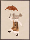 Cute mouse in an orange striped dress tiptoeing while holding an umbrella in warm neutrals, from the Little Tails Collection by Urban Road.