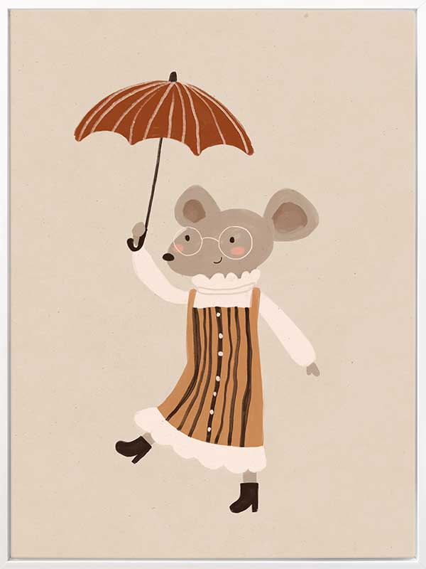 Cute mouse in an orange striped dress tiptoeing while holding an umbrella in warm neutrals, from the Little Tails Collection by Urban Road.