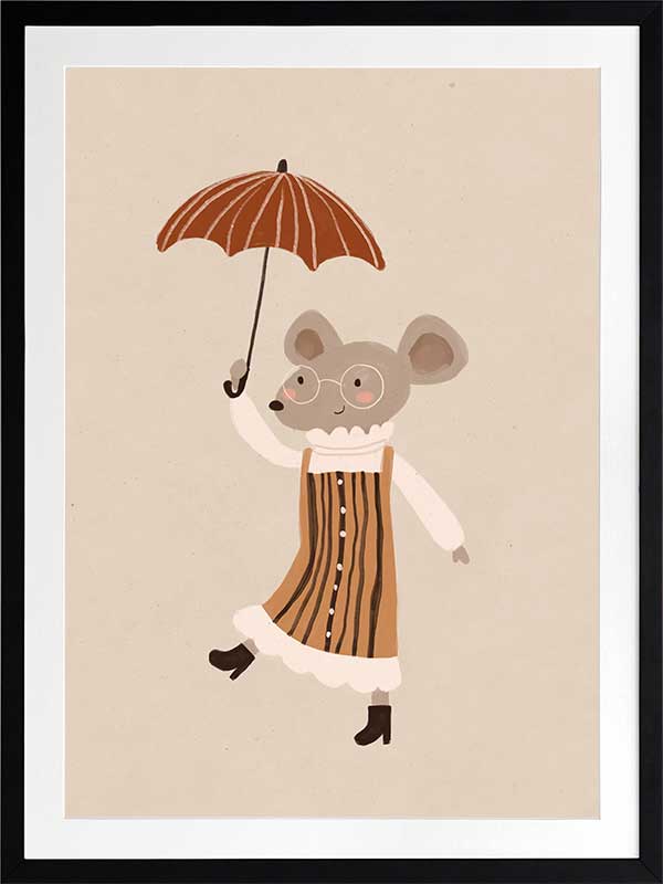 Cute mouse in an orange striped dress tiptoeing while holding an umbrella in warm neutrals, from the Little Tails Collection by Urban Road.