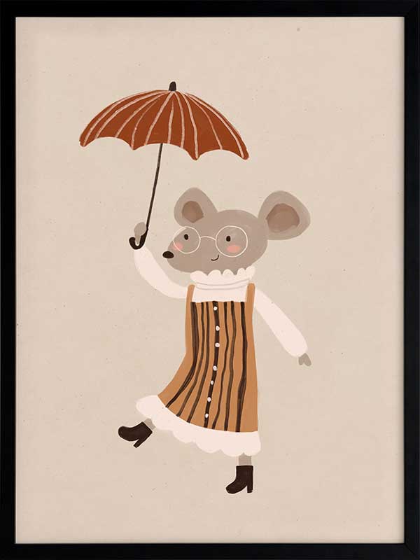 Cute mouse in an orange striped dress tiptoeing while holding an umbrella in warm neutrals, from the Little Tails Collection by Urban Road.