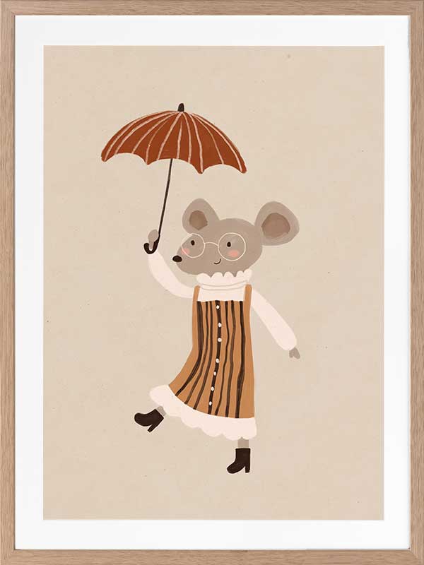 Cute mouse in an orange striped dress tiptoeing while holding an umbrella in warm neutrals, from the Little Tails Collection by Urban Road.