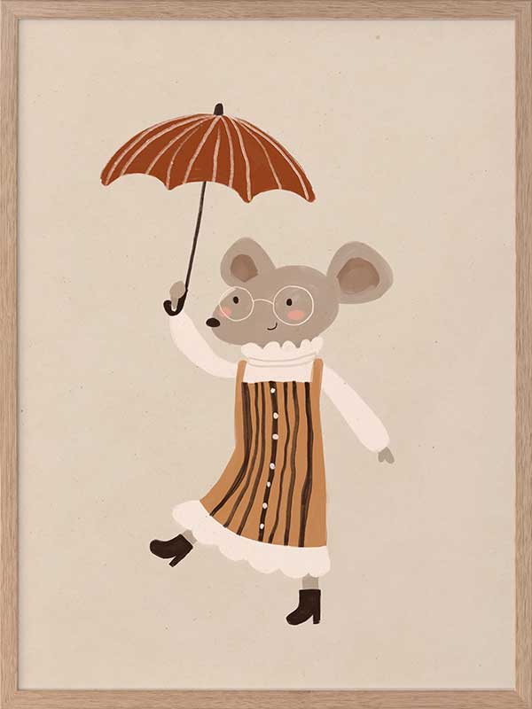 Cute mouse in an orange striped dress tiptoeing while holding an umbrella in warm neutrals, from the Little Tails Collection by Urban Road.