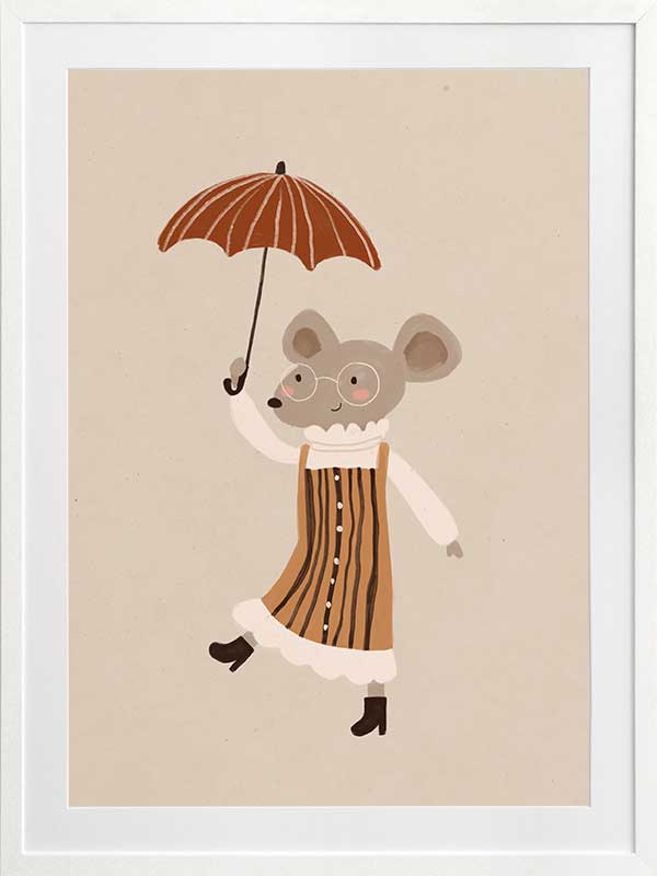 Cute mouse in an orange striped dress tiptoeing while holding an umbrella in warm neutrals, from the Little Tails Collection by Urban Road.