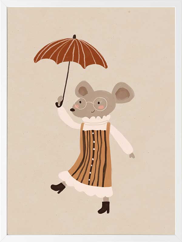Cute mouse in an orange striped dress tiptoeing while holding an umbrella in warm neutrals, from the Little Tails Collection by Urban Road.