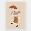 Cute mouse in an orange striped dress tiptoeing while holding an umbrella in warm neutrals, from the Little Tails Collection by Urban Road.