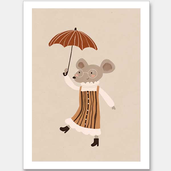 Cute mouse in an orange striped dress tiptoeing while holding an umbrella in warm neutrals, from the Little Tails Collection by Urban Road.