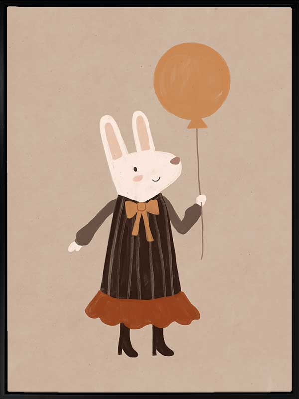 Sweet rabbit in a striped dress holding an orange balloon against a soft neutral background, from the Little Tails Collection by Urban Road.