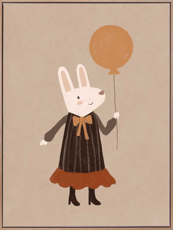Sweet rabbit in a striped dress holding an orange balloon against a soft neutral background, from the Little Tails Collection by Urban Road.