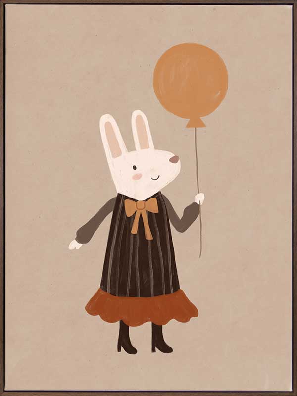 Sweet rabbit in a striped dress holding an orange balloon against a soft neutral background, from the Little Tails Collection by Urban Road.